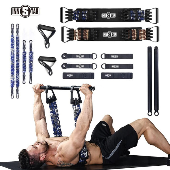 INNSTAR Home Gym Workout Set Bench Press Resistance Bands Deadlift Squat Rubber Elastic Band with Fitness Bar Exercise Equipment