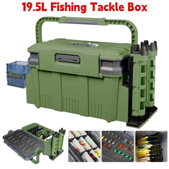 19.5L Fishing Tackle Box Multifunction Large Capacity Stand Rod Holder Fishing Storage Box 9 Removable Dividers Carp Fishing Box