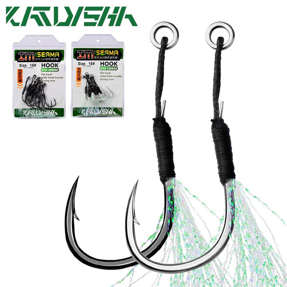 KATYUSHA 10Pcs Metal Jig Tail Assist Hooks 11-19# With PE Line Feather Solid Ring Jigging Fishhook for 5-80g Lure Fishing Hooks