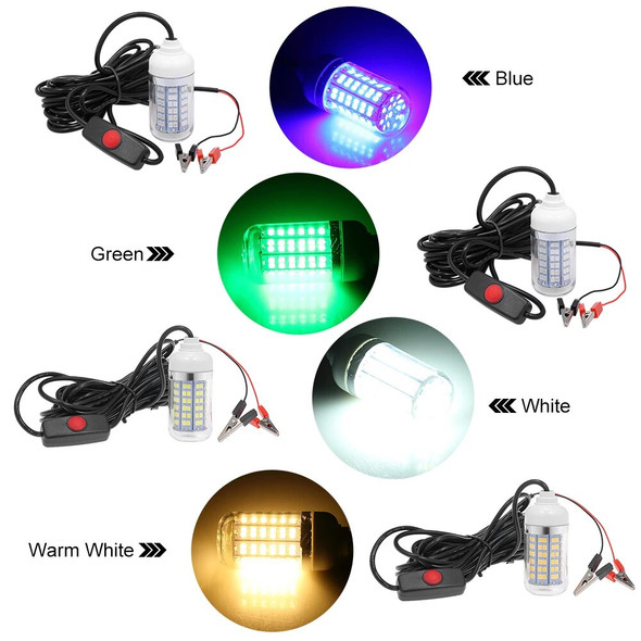 5 pcs/lot 12V 15W Underwater Fishing Attract Light LED Lamp 108pcs of 2835 LED with 30ft Power Cord and Battery Clip