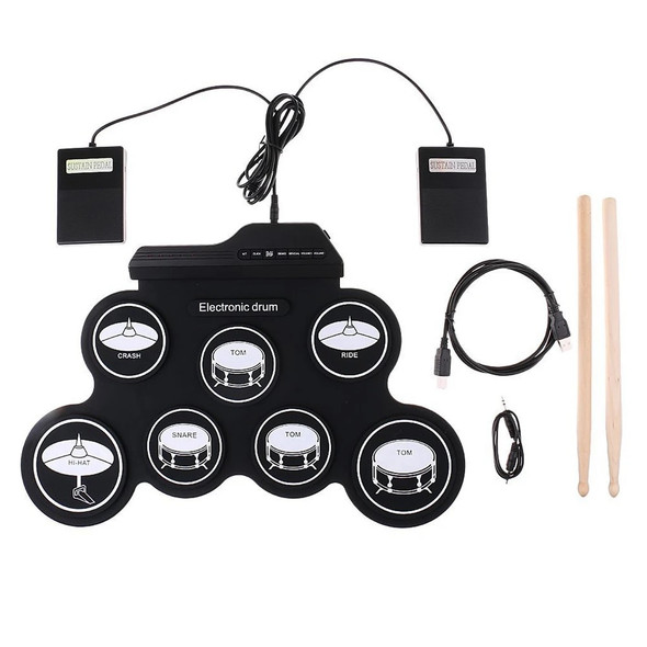 USB Rechargeable Roll-Up Drum Set Portable Foldable Electronic Drum Kit with Drumsticks Foot Pedals for Beginners Training