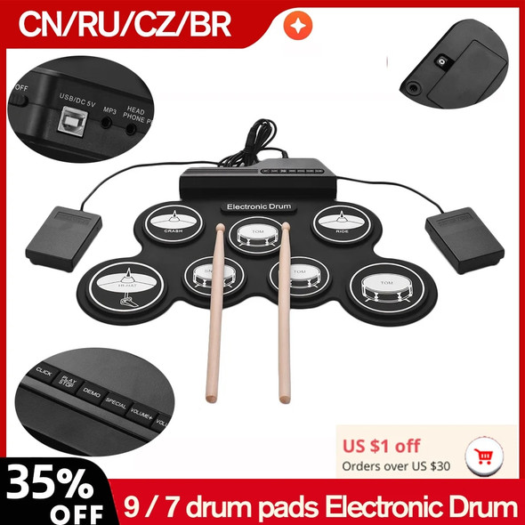 Digital Electronic Drum Compact Size USB Foldable Silicon Drums Set 9 / 7 drum pads Digital Drum Kits & Drumsticks Foot Pedals