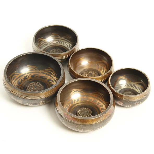 Set of 5Pc Silent Mind Tibetan Singing Bowl Hand Hammered Sound Healing Yoga Chanting Meditation Buddhism Bowl 8-12 cm 2 Types