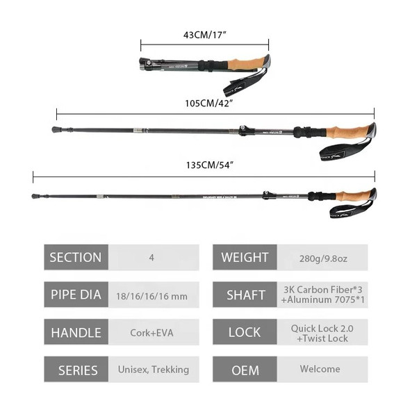Custom Thickness 1mm Wall Outdoor 4-Section retractable foldable 3k carbon fiber Hiking trekking walking sticks poles with Quick