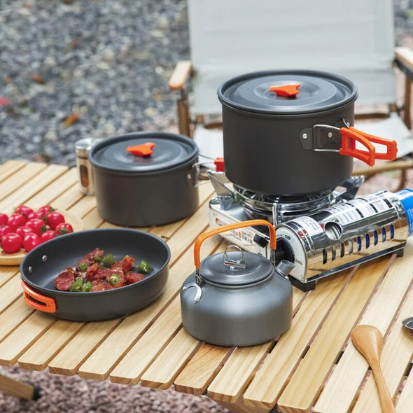 4pcs Camping Cookware Set Outdoor Pot Tableware Kit Cooking Water Kettle Pan Travel Cutlery Utensils Hiking Picnic Equipment
