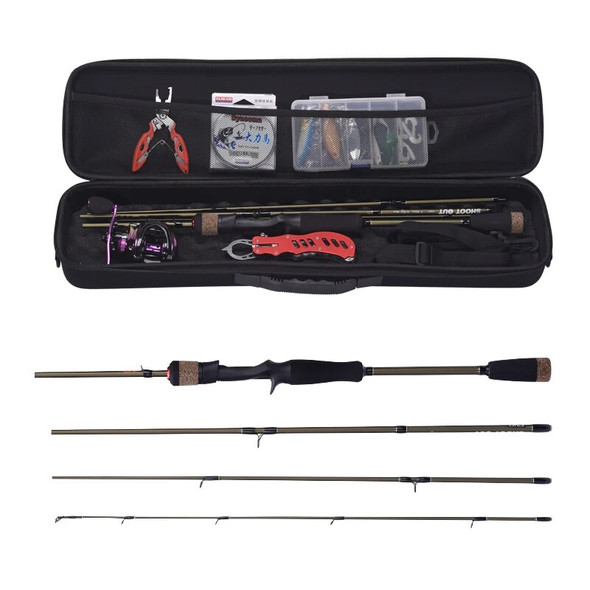 Lizard Fishing Rods and Reels Combo, 4 Section Carbon Rod, Baitcasting Reel, Travel Fishing Rod Set with Full Kits, Carrier Bag
