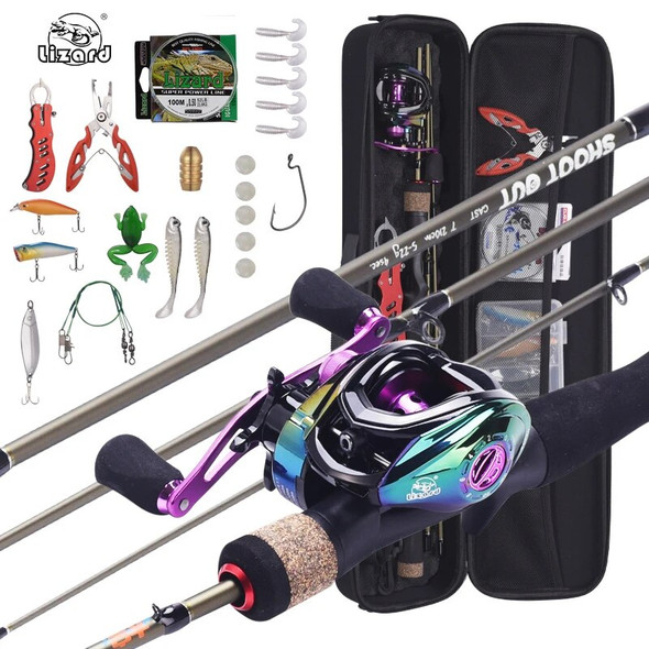 Lizard Fishing Rods and Reels Combo, 4 Section Carbon Rod, Baitcasting Reel, Travel Fishing Rod Set with Full Kits, Carrier Bag