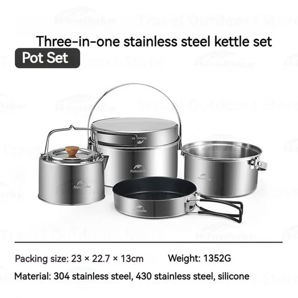 Naturehike Camping Cookware Kit 4-Piece Stainless Steel 3-In-1 Water Kettle Pan Pot BBQ Tableware Equipment Travelling Picnic