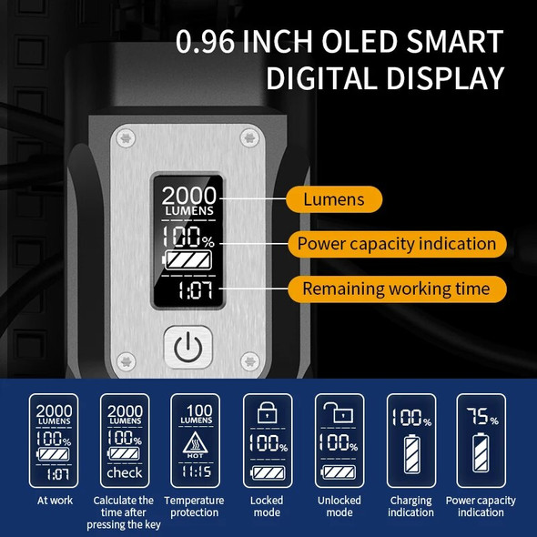 NATFIRE Powerful Bike Light OLED Display 10000mAh Rechargeable Bicycle Headlight Flashlight Type-C Charging 2000LM Lamp