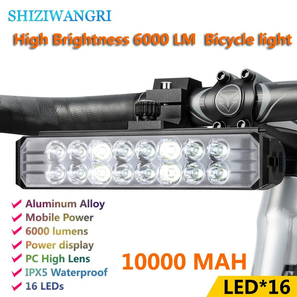 SHIZIWANGRI Alloy Bicycle Light Set High Brightness 6000 LM 10000mAh Cycling Lights IPX5 Waterproof MTB BMX Road Bike Headlight