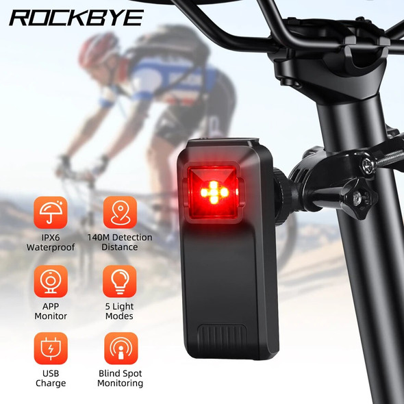 Rockbye Bike Radar Taillight Bicycle Safe Rear Lamp Blind Spot Monitor Recharge IPX6 Waterproof Taillight