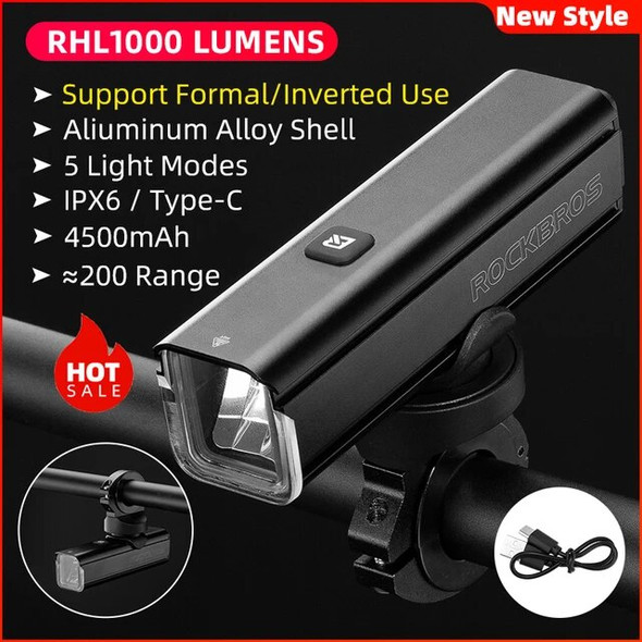 ROCKBROS Bike Light Bicycle Light Smart Vibration Sensing 1000Lumen 4000mAh 5 Modes Type-c LED Flashlight MTB Front Bike Lamp