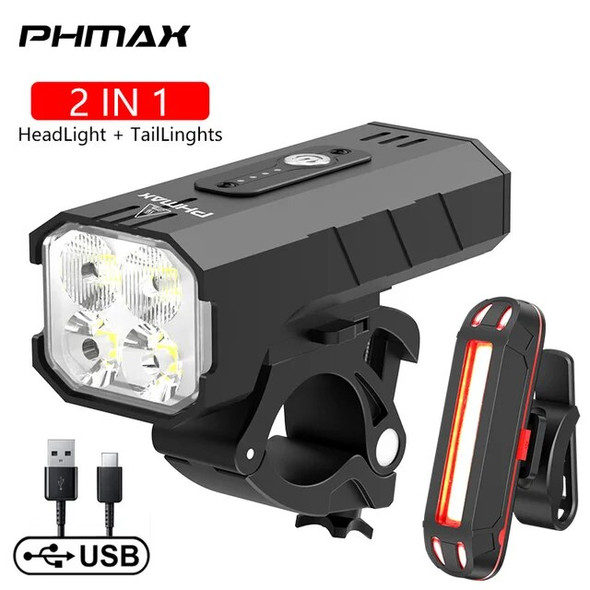 PHMAX Bicycle Light USB Chargeable Power Bank Bike Headlight Waterproof Cycling Headlight and Back Rear Light