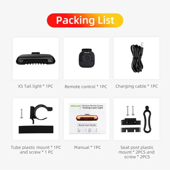 Meilan X5 Bicycle Rear Light Bike Remote Wireless Light Turn Signal USB Chargeable LED Beam Cycling Bicycle Lsaer Tail Light
