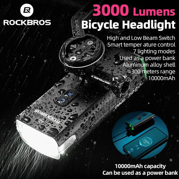 ROCKBROS Bike Light 3000 Lumens Front Bicycle Light 10000mAh Power Bank Brightness Road MTB Handlebar Headlight Bike Accessories