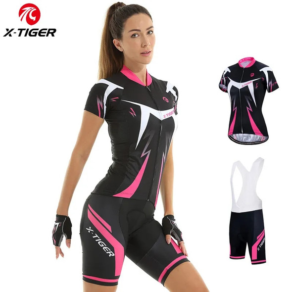 X-Tiger Women's Bib Cycling Set Summer Short Sleeve Suit Anti-UV Bicycle Clothing Quick-Dry Jersey Mountain Female Bike Clothes