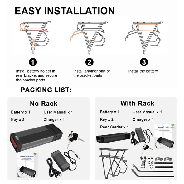 36V 30AH 20AH Rear Rack E-Bike Battery 48V 52V Lithium Li-ion for Electric Bycicle Batteria Pack 18650 Cell 500W 1000W 1500W