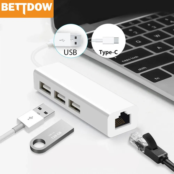 USB Ethernet with 3 Port USB HUB 2.0 RJ45 Lan Network Card USB to Ethernet Adapter for Mac iOS Android PC RTL8152 USB 2.0 HUB