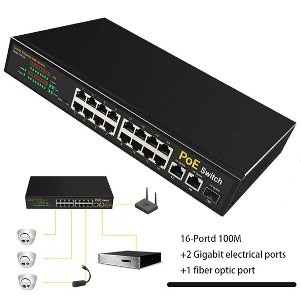 Internet Splitter Ethernet Network Switcher Hub POE switch RJ45 switch Game 16*100M+2*1000M electrical port+1*fiber optic port