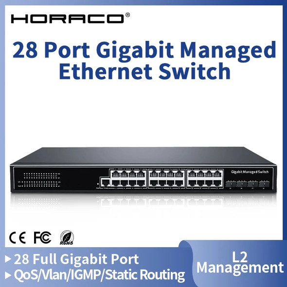 HORACO 28 Port 1000Mbps Ethernet Switch L2 Managed Gigabit Network Switcher Hub Internet Splitter QoS/Vlan/IGMP/Static Routing