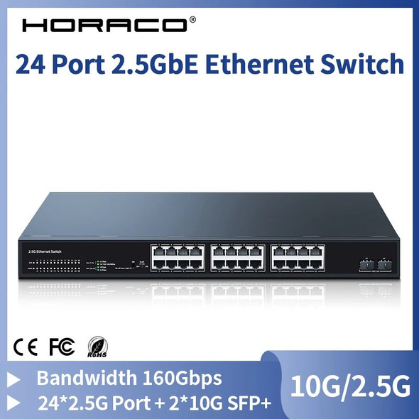 HORACO 2.5GbE 24 Port Ethernet Switch 2 Port 10G SFP+ Network Switcher 160G Bandwidth Networking Hub Internet Splitter Plug&Play