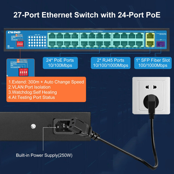 AI 27 Ports POE Switch ethernet poe gigabit RJ45 Uplink SFP 1000Mbps Network VLAN Hub Smart Ethernet Switcher 300W for IP Camera