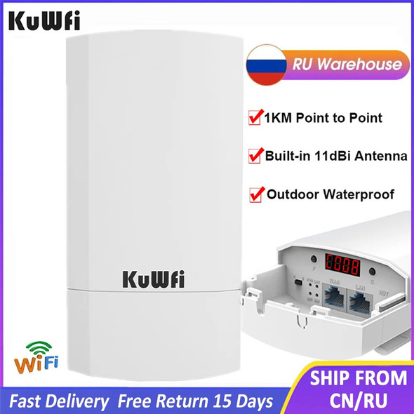 KuWfi Outdooor Wireless Bridge 300Mbps CPE Wi-fi Bridge PTP Long Range Extender AP Repeater Support 24V POE 4KV Lightning Protec