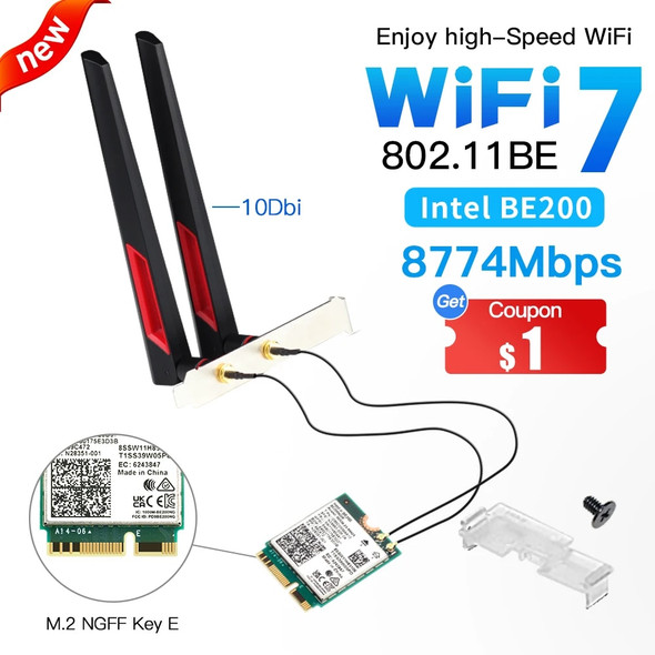 WiFi 7 for Intel BE200 M.2 Card Bluetooth 5.4 BE200NGW 2.4/5/6GHz Wireless Adapter Network Card with Antennas Better than AX210