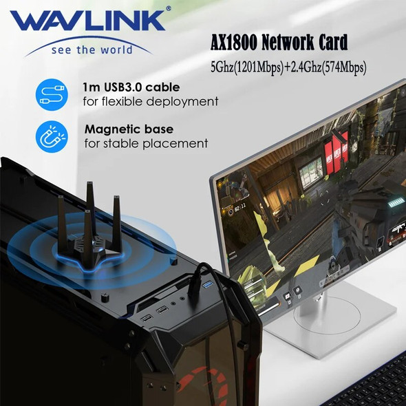 WAVLINK USB 3.0 AX1800 WiFi 6 Adapter Dual Band 5Ghz(1201Mbps)+2.4Ghz(574Mbps) 4x3dBi Antennas Beamforming Support Windows 11/10