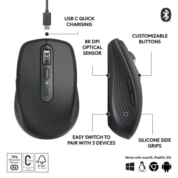 Original Logitech MX Anywhere 3s Wireless Compact Performance Mouse 4000 DPI Portable Silent Rechargeable Office Mouse For Pc