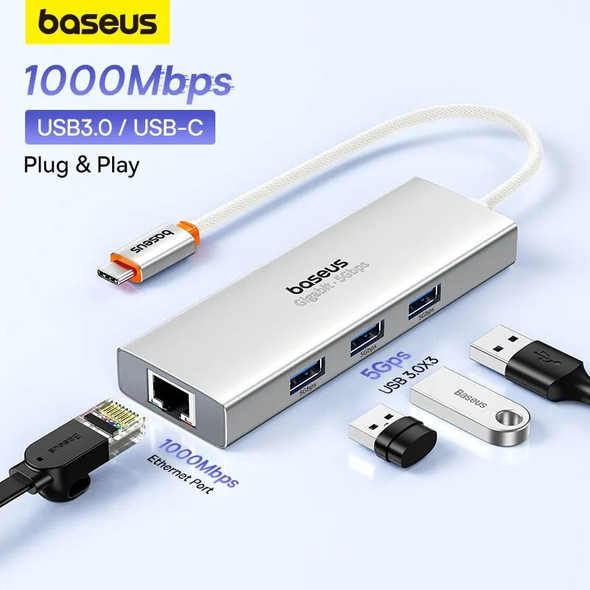 Baseus USB Hub With1000Mbps Ethernet Port 3* USB 3.0 Usb Adapter RJ45 Lan USB C Hub for PC Mi Box Macbook Laptop Accessories