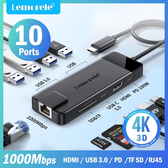 Lemorele 10/9in-1 USB C Hub Type C Docking Station RJ45 PD 100W Adapter USB 3.0 Hub Laptop Tablet Accessories For Macbook Laptop