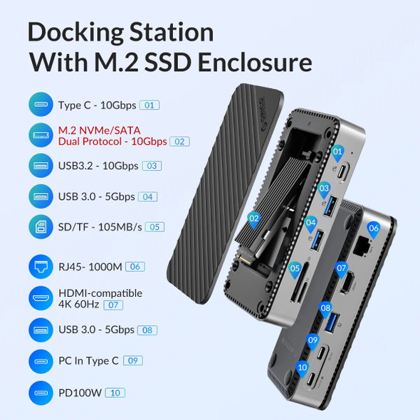ORICO HUB Docking Station with M.2 SSD Enclosure USB C 10Gbps PD 100W RJ45 SD/TF 4K 10 in 1 Dock Station for Laptop Macbook Pro ORICO HUB Docking Station with M.2 SSD Enclosure USB C 10Gbps PD 100W RJ45 SD/TF 4K 10 in 1 Dock Station for Laptop Macbook Pro