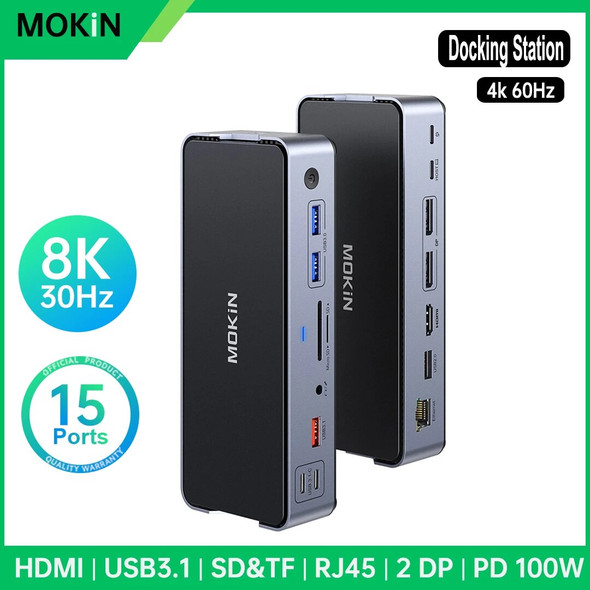 MOKiN 8K USB C Laptop Docking Station 15 in 1 Hub Dock 6 *USB A/C Ports,100W PD,Ethernet,SD&TF,Audio,For Dell/HP/MacBook/Lenovo