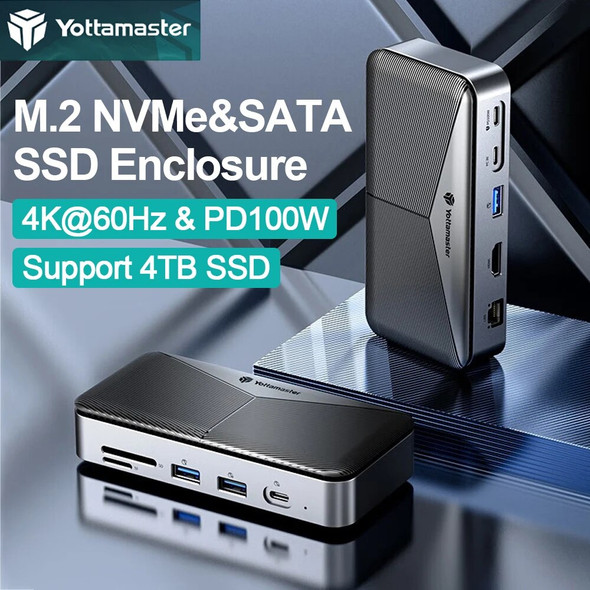 Yottamaster HDD Docking Station with M2 SSD Enclosure USB C 10Gbps PD 100W RJ45 SD/TF 4K 10 in 1 Dock Station for Laptop Macbook