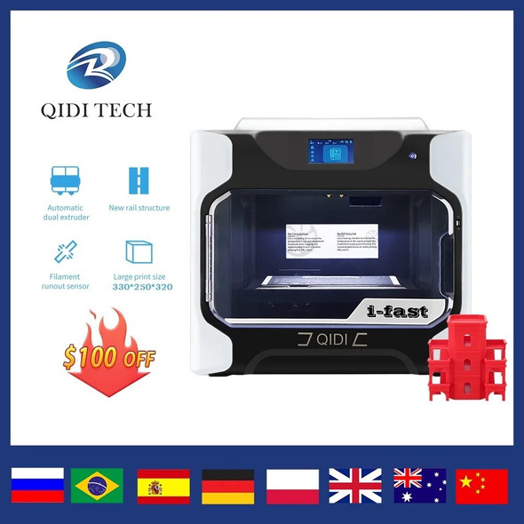 QIDI TECH I-fast 3D Printer Large Size Dual Extruder with Extra a Set of High Temperature Extruder PC Nylon Carbon Fiber