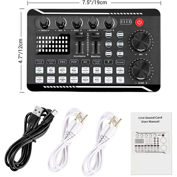 F998 Live Sound Card Audio Mixer Podcast, Voice Changer for Sound Effects Board for Microphone Karaoke
