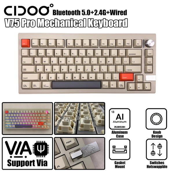 CIDOO V75 PRO Gasket Mechanical Keyboard RGB Hot Swappable Bluetooth/2.4Ghz/USB-C Wireless Aluminum CNC Keyboard Support VIA