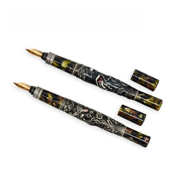 Fuliwen Metal Ancient Dragon Phoenix 10K Gold Medium Nib 0.5mm Fountain Pen Professional Stationery Supplies Writing Tool Gift