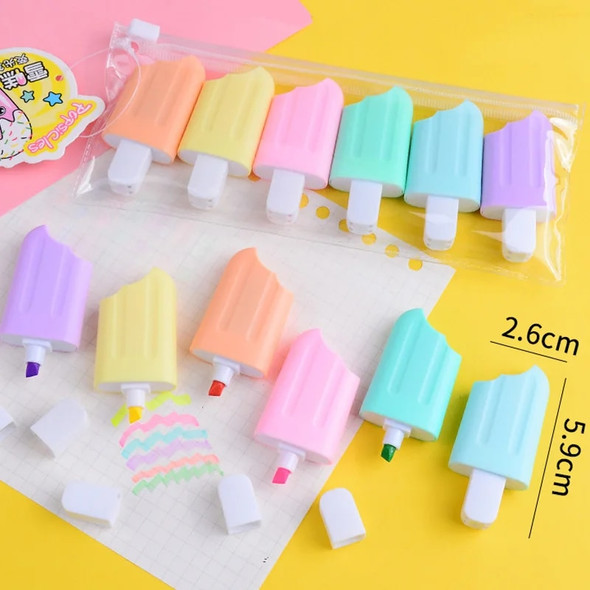 6Pcs/Lot Cute Cartoon Cat Highlighters School Office Stationery Students Drawing Supplies Kawaii Ice Cream Mini Paint Marker Pen