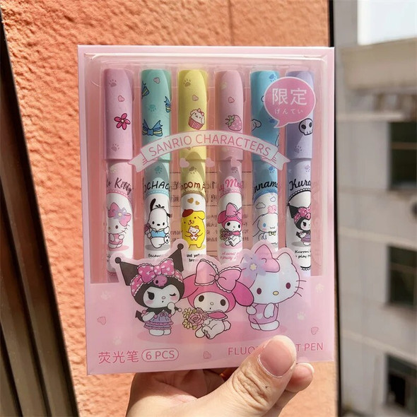 6pcs/set Sanrio Fluorescent Pen Cute Box High Color Marker Pen Kuromi Multi-function Fluorescent Pen Beveled Pen Head Wholesale