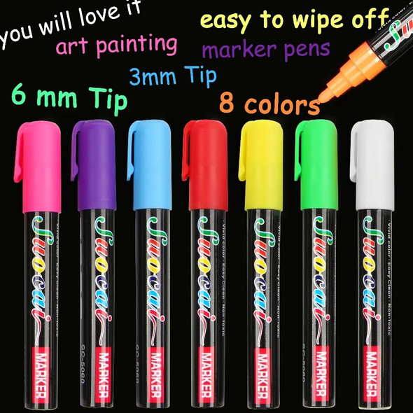 1 pc/box Highlighter Liquid Chalk Marker Pens for School Art Painting 8 Colors Round&Chisel Tip 3mm