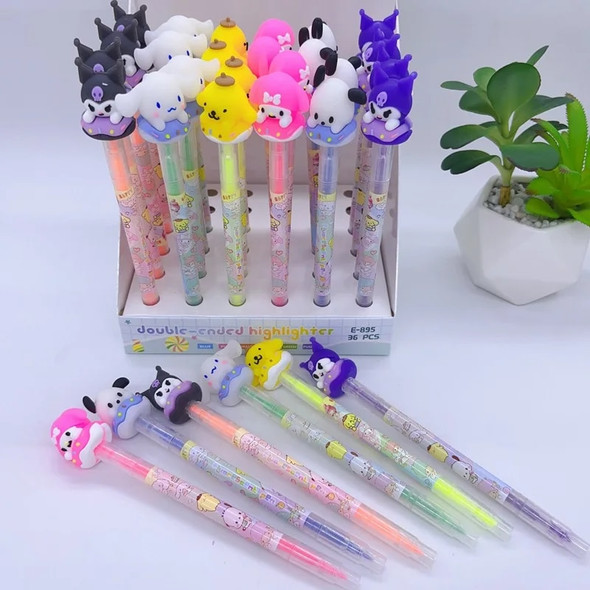 Cute Cartoon Six Color Double Headed Highlighter For Children's Creative Monochrome Student Highlight Marker Pen