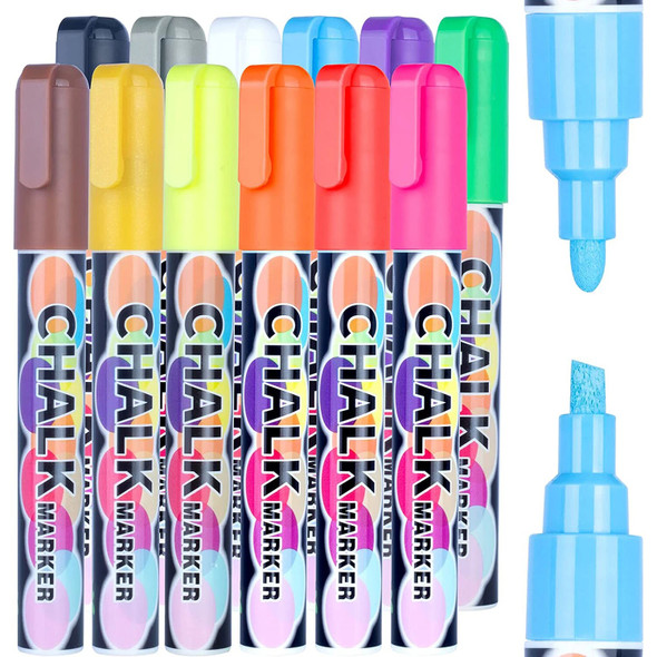 Liquid Chalk Markers Chalkboard Marker Pens 12 Colors 6mm Reversible Tip Neon Chalk Marker Wet Erasable Chalk Board Markers