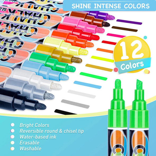 Liquid Chalk Markers Chalkboard Marker Pens 12 Colors 6mm Reversible Tip Neon Chalk Marker Wet Erasable Chalk Board Markers