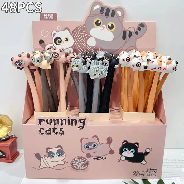 48 Pcs/Box Kawaii Silicone Cat Gel Pen Cute 0.5mm Black Ink Swinging Signing Pen Students Writing Office School Stationery