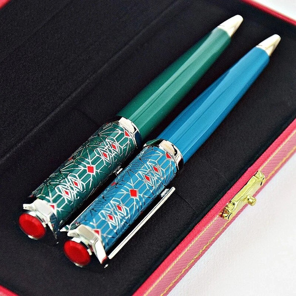 Luxury Red Rhombus Net Pattern Ballpoint Pen Dumont de CT Heptagon Blue / Green Barrel Silver Trim With Serial Number