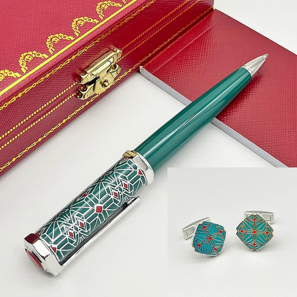 LAN CT Ballpoint Pen Cufflinks Set Heptagon Blue / Green Barrel Luxury Red Rhombus Net Pattern Silver Trim With Serial Number