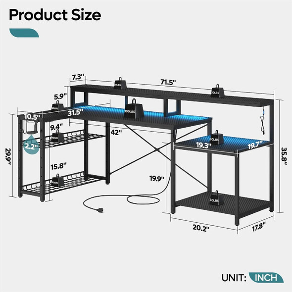 L Shaped Gaming Desk with Power Outlets, 71.5 LED Computer Desk with Long Monitor Stand, Large Corner Desk with Storage shelf