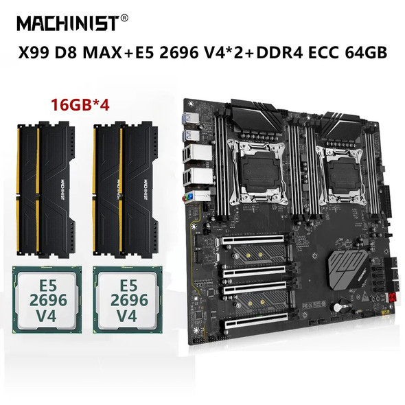 MACHINIST X99 D8 MAX Motherboard LGA2011-3 Dual CPU Kit Set Xeon E5 2696 V4*2 Processor 64G=16G*4 DDR4 ECC RAM Eight-Channels